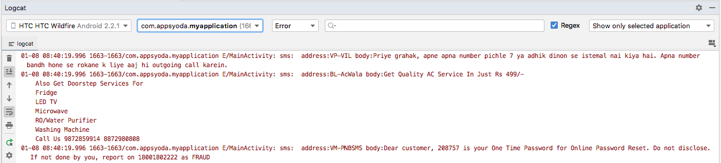 Results of SMS Reader / Logger on Logcat